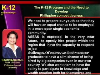 K-12
BasicEducationProgra
m
We need to prepare our youth so that they
will have an equal chance to be employed
in a more open single economic
community.
ASEAN is expected, in the very near
future, to openly hire people within the
region that have the capacity to respond
to job
challenges.Of course,wedon’twantour
graduates to have a slim chance of being
hired by big companies even in our own
country. We also want them to have the
ability to participate in knowledge and
wealth creation both for themselves and
The K-12 Program and the Need to
Develop
Philippine competitiveness
Ester B. Ogena,
Ph.D. President
Philippine Normal
University
 