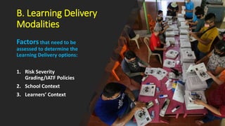 B. Learning Delivery
Modalities
Factors that need to be
assessed to determine the
Learning Delivery options:
1. Risk Severity
Grading/IATF Policies
2. School Context
3. Learners’ Context
 