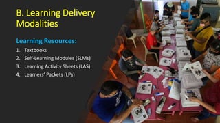 B. Learning Delivery
Modalities
Learning Resources:
1. Textbooks
2. Self-Learning Modules (SLMs)
3. Learning Activity Sheets (LAS)
4. Learners’ Packets (LPs)
 