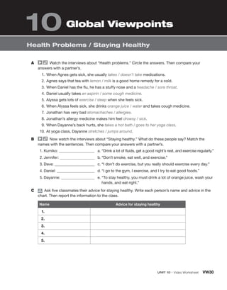 Unit 10 • Video Worksheet VW30
Health Problems / Staying Healthy
A	   Watch the interviews about “Health problems.” Circle the answers. Then compare your
answers with a partner’s.
  1.	 When Agnes gets sick, she usually takes / doesn’t take medications.
  2.	Agnes says that tea with lemon / milk is a good home remedy for a cold.
  3.	When Daniel has the flu, he has a stuffy nose and a headache / sore throat.
  4.	Daniel usually takes an aspirin / some cough medicine.
  5.	Alyssa gets lots of exercise / sleep when she feels sick.
  6.	When Alyssa feels sick, she drinks orange juice / water and takes cough medicine.
  7.	 Jonathan has very bad stomachaches / allergies.
  8.	Jonathan’s allergy medicine makes him feel drowsy / sick.
  9.	When Dayanne’s back hurts, she takes a hot bath / goes to her yoga class.
10.	At yoga class, Dayanne stretches / jumps around.
B	   Now watch the interviews about “Staying healthy.” What do these people say? Match the
names with the sentences. Then compare your answers with a partner’s.
1.	Kumiko:
2.	Jennifer:
3.	Dave:
4.	Daniel:
5.	Dayanne:
a.	
“Drink a lot of fluids, get a good night’s rest, and exercise regularly.”
b.	“Don’t smoke, eat well, and exercise.”
c.	“I don’t do exercise, but you really should exercise every day.”
d.	“I go to the gym, I exercise, and I try to eat good foods.”
e.	
“To stay healthy, you must drink a lot of orange juice, wash your
hands, and eat right.”
C	 group
  Ask five classmates their advice for staying healthy. Write each person’s name and advice in the
chart. Then report the information to the class.
Name Advice for staying healthy
1.
2.
3.
4.
5.
Global Viewpoints
10
 