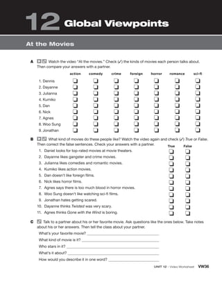 UNIT 12 • Video Worksheet VW36
At the Movies
Global Viewpoints
12
A Watch the video “At the movies.” Check (✓) the kinds of movies each person talks about.
Then compare your answers with a partner.
action comedy crime foreign horror romance sci-fi
1. Dennis
2. Dayanne
3. Julianna
4. Kumiko
5. Dan
6. Nick
7. Agnes
8. Woo Sung
9. Jonathan
❏
❏
❏
❏
❏
❏
❏
❏
❏
❏
❏
❏
❏
❏
❏
❏
❏
❏
❏
❏
❏
❏
❏
❏
❏
❏
❏
❏
❏
❏
❏
❏
❏
❏
❏
❏
❏
❏
❏
❏
❏
❏
❏
❏
❏
❏
❏
❏
❏
❏
❏
❏
❏
❏
❏
❏
❏
❏
❏
❏
❏
❏
❏
B What kind of movies do these people like? Watch the video again and check (✓) True or False.
Then correct the false sentences. Check your answers with a partner.
1. Daniel looks for top-rated movies at movie theaters.
2. Dayanne likes gangster and crime movies.
3. Julianna likes comedies and romantic movies.
4. Kumiko likes action movies.
5. Dan doesn’t like foreign films.
6. Nick likes horror films.
7. Agnes says there is too much blood in horror movies.
8. Woo Sung doesn’t like watching sci-fi films.
9. Jonathan hates getting scared.
10. Dayanne thinks Twisted was very scary.
11. Agnes thinks Gone with the Wind is boring.
❏ ❏
❏ ❏
❏ ❏
❏ ❏
❏ ❏
❏ ❏
❏ ❏
❏ ❏
❏ ❏
❏ ❏
❏ ❏
C Talk to a partner about his or her favorite movie. Ask questions like the ones below. Take notes
about his or her answers. Then tell the class about your partner.
What’s your favorite movie?
What kind of movie is it?
Who stars in it?
What’s it about?
How would you describe it in one word?
True  False
 