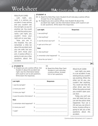 Worksheet 11A: Could you see anything?
✂
STUDENT A
A. Read this Role Play Card. Student B will role-play a police officer.
Answer his or her questions.
B. Imagine you are a police officer. Ask Student B about the
accident last night. Use the information below with could or can
to ask questions. Write down the responses.


ROLE PLAY CARD
Last night, you
were in a serious car
accident. It was raining
and you couldn’t see
the red light, so you hit
another car. You could
only tell the police your
name. Last night, you
couldn’t move your
right arm or your legs.
Now, you are in
the hospital. You can
remember a little bit
about the accident and
you can walk, but you
still can’t move your
arm. A police officer is
going to ask you a few
questions about the
accident.
Last night:
1. see anything?
2. feel anything?
3. see the driver was hurt?
4. get out of the car?
Now:
5. feel anything?
6. remember what happened?
7. drive the car home ?
Responses
1.
2.
3.
4.
5.
6.
7.
STUDENT B
A. Imagine you are a police officer. Ask
Student A about the accident last
night. Use the information below
with could or can to ask questions.
Write down the responses.
Last night:
1. see the red light?
2. move your arm?
3. move your legs?
4. give the police information?
Now:
5. remember what happened?
6. move your arm?
7. walk?
Responses
1.
2.
3.
4.
5.
6.
7.
ROLE PLAY CARD
Last night, you were
in a car accident. It was
raining and you couldn’t
see anything. When the
other car hit you, you
couldn’t feel anything.
You could see that the
other driver was hurt.
When the police arrived
you couldn’t open your
car door.
Today, you can’t use
your left hand, but you
can tell the police what
happened. Your car is
OK and you can drive it
home. A police officer is
going to ask you a few
questions about the
accident.
B. Read this Role Play Card.
Student A will role-play
a police officer. Answer
his or her questions.


Communication Worksheet Unit 11 Lesson A
 