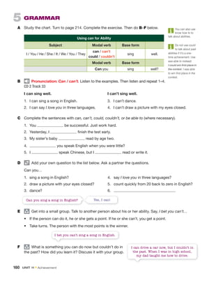 5 GRAMMAR
A Study the chart. Turn to page 214. Complete the exercise. Then do B–F below.
B Pronunciation: Can / can’t. Listen to the examples. Then listen and repeat 1–4.
CD 2 Track 33
I can sing well. I can’t sing well.
1. I can sing a song in English. 3. I can’t dance.
2. I can say I love you in three languages. 4. I can’t draw a picture with my eyes closed.
C Complete the sentences with can, can’t, could, couldn’t, or be able to (where necessary).
1. You be successful. Just work hard.
2. Yesterday, I finish the test early.
3. My sister’s baby read by age two.
4. you speak English when you were little?
5. I speak Chinese, but I read or write it.
D Add your own question to the list below. Ask a partner the questions.
Can you…
1. sing a song in English? 4. say I love you in three languages?
2. draw a picture with your eyes closed? 5. count quickly from 20 back to zero in English?
3. dance? 6.
E group
Get into a small group. Talk to another person about his or her ability. Say, I bet you can’t…
• If the person can do it, he or she gets a point. If he or she can’t, you get a point.
• Take turns. The person with the most points is the winner.
Do not use could
to talk about past
abilities if it’s a one-
time achievement. Use
was able to instead:
I could win first place in
the contest. I was able
to win first place in the
contest.
You can also use
know how to to
talk about abilities.
I bet you can’t sing a song in English.
F group
What is something you can do now but couldn’t do in
the past? How did you learn it? Discuss it with your group.
Using can for Ability
Subject Modal verb Base form
I / You / He / She / It / We / You / They
can / can’t
could / couldn’t
sing well.
Modal verb Base form
Can you sing well?
Can you sing a song in English? Yes, I can!
I can drive a car now, but I couldn’t in
the past. When I was in high school,
my dad taught me how to drive.
160 UNIT 11 • Achievement
 