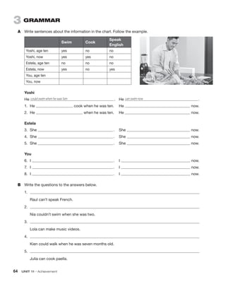 64  UNIT 11 • Achievement
3  GRAMMAR
A	 Write sentences about the information in the chart. Follow the example.
Swim Cook
Speak
English
Yoshi, age ten yes no no
Yoshi, now yes yes no
Estela, age ten no no no
Estela, now yes no yes
You, age ten
You, now
	 Yoshi
He could swim when he was ten  .	He can swim now  .
1.	He cook when he was ten.	 He now.
2.	He when he was ten.	 He now.
	 Estela
3.	She  .	She now.
4.	She  .	She now.
5.	She  .	She now.
	 You
6.	I  .	I now.
7.	I  .	I now.
8.	I  .	I now.
B	 Write the questions to the answers below.
1.	
	 Raul can’t speak French.
2.	
	 Nia couldn’t swim when she was two.
3.	
	 Lola can make music videos.
4.	
	 Kien could walk when he was seven months old.
5.	
	 Julia can cook paella.
 