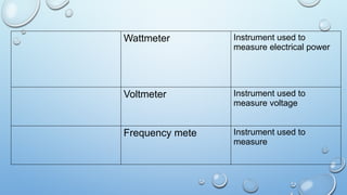 Wattmeter Instrument used to
measure electrical power
Voltmeter Instrument used to
measure voltage
Frequency mete Instrument used to
measure
 