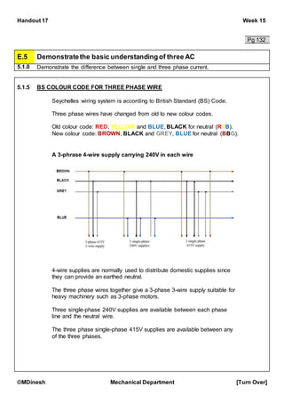 Handout 17 Week 15
©MDinesh Mechanical Department [Turn Over]
Pg 132
E.5 Demonstratethe basic understandingof three AC
5.1.0 Demonstrate the difference between single and three phase current.
5.1.5 BS COLOUR CODE FOR THREE PHASE WIRE
Seychelles wiring system is according to British Standard (BS) Code.
Three phase wires have changed from old to new colour codes.
Old colour code: RED, YELLOW and BLUE, BLACK for neutral (RYB).
New colour code: BROWN, BLACK and GREY, BLUE for neutral (BBG).
A 3-phrase 4-wire supply carrying 240V in each wire
4-wire supplies are normally used to distribute domestic supplies since
they can provide an earthed neutral.
The three phase wires together give a 3-phase 3-wire supply suitable for
heavy machinery such as 3-phase motors.
Three single-phase 240V supplies are available between each phase
line and the neutral wire.
The three phase single-phase 415V supplies are available between any
of the three phases.
 