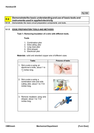Handout 20
©MDinesh Mechanical Department [Turn Over]
Pg 156
E.6
Demonstratethe basic understandingand use of basic tools and
instruments used in applied electricity
6.1.0 Demonstrate the basic circuit preparation components and tools.
6.1.5 EDGE PREPARATION TOOLS AND METHODS
Task 1: Removing insulation of a wire with different tools.
Tools
1. Combination plier
2. Side cutting plier
3. Long nose plier
4. Wire stripper
5. Electrician plier
Materials: solid and stranded copper wire of different sizes
Tasks Pictures of tasks
1. Skin a wire a using an
electrician’s knife, about 1 to
1
1
2
inches long.
2. Skin a wire a using a
combination wire and side
cutting plier, about 1 to 11/2
inches long.
3. Remove insulators using wire
stripper, about 1 to 11/2
inches long.
 