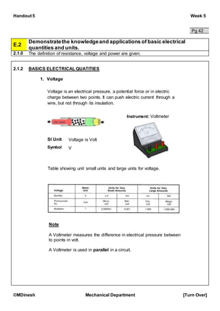 Handout 5 Week 5
©MDinesh Mechanical Department [Turn Over]
Pg 42
E.2
Demonstratethe knowledgeand applications of basic electrical
quantities and units.
2.1.0 The definition of resistance, voltage and power are given.
2.1.2 BASICS ELECTRICAL QUATITIES
1. Voltage
Table showing unit small units and large units for voltage.
Note
A Voltmeter measures the difference in electrical pressure between
to points in volt.
A Voltmeter is used in parallel in a circuit.
Voltage is an electrical pressure, a potential force or in electric
charge between two points. It can push electric current through a
wire, but not through its insulation.
SI Unit Voltage is Volt
Symbol
Instrument: Voltmeter
V
 