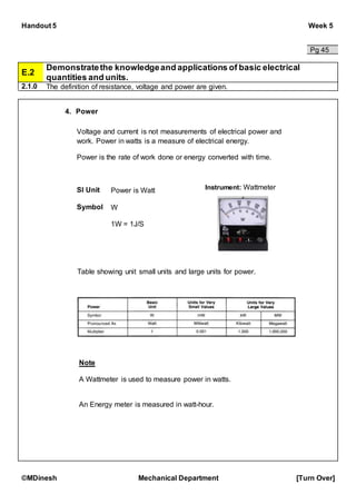 Handout 5 Week 5
©MDinesh Mechanical Department [Turn Over]
Pg 45
E.2
Demonstratethe knowledgeand applications of basic electrical
quantities and units.
2.1.0 The definition of resistance, voltage and power are given.
4. Power
Table showing unit small units and large units for power.
Note
A Wattmeter is used to measure power in watts.
An Energy meter is measured in watt-hour.
Voltage and current is not measurements of electrical power and
work. Power in watts is a measure of electrical energy.
Power is the rate of work done or energy converted with time.
SI Unit Power is Watt
Symbol
Instrument: Wattmeter
W
1W = 1J/S
 