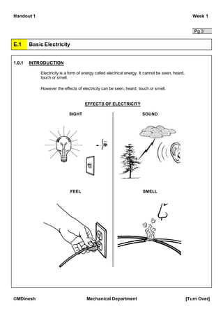 Handout 1 Week 1
©MDinesh Mechanical Department [Turn Over]
Pg 3
E.1 Basic Electricity
1.0.1 INTRODUCTION
Electricity is a form of energy called electrical energy. It cannot be seen, heard,
touch or smell.
However the effects of electricity can be seen, heard, touch or smell.
EFFECTS OF ELECTRICITY
SIGHT SOUND
SMELL
FEEL SMELL
 