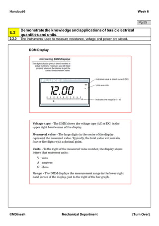 Handout 6 Week 6
©MDinesh Mechanical Department [Turn Over]
Pg 55
E.2
Demonstratethe knowledgeand applications of basic electrical
quantities and units.
2.2.0 The instruments used to measure resistance, voltage and power are stated.
DDM Display
 