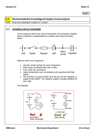 Handout 12 Week 12
©MDinesh Mechanical Department [Turn Over]
Pg 97
E.3 Demonstratethe knowledgeof simple circuit analysis
3.3.0 Draw and understand simple D.C. circuits
3.3.1 DRAWING CIRCUIT DIAGRAMS
Circuit diagrams show how circuit components are connected together.
Each component is represented by a symbol and a few are shown
below.
Steps to draw circuit diagrams:-
 Use the correct symbol for each component.
 Draw wires as straight lines (use a ruler).
 Put a 'blob' ( ) at junctions.
 Label components such as resistors and capacitors with their
values.
 The positive (+) supply should be at the top and the negative (-)
supply at the bottom. The negative supply is usually labelled 0V,
zero volts.
For Example
 