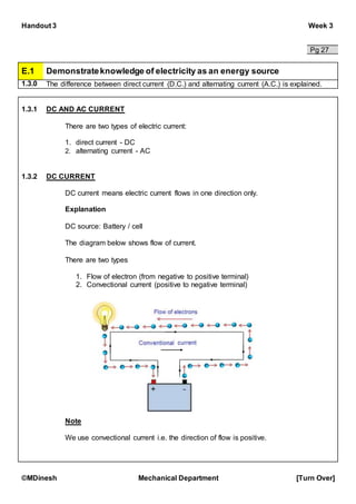 Handout 3 Week 3
©MDinesh Mechanical Department [Turn Over]
Pg 27
E.1 Demonstrateknowledge of electricity as an energy source
1.3.0 The difference between direct current (D.C.) and alternating current (A.C.) is explained.
1.3.1 DC AND AC CURRENT
There are two types of electric current:
1. direct current - DC
2. alternating current - AC
1.3.2 DC CURRENT
DC current means electric current flows in one direction only.
Explanation
DC source: Battery / cell
The diagram below shows flow of current.
There are two types
1. Flow of electron (from negative to positive terminal)
2. Convectional current (positive to negative terminal)
Note
We use convectional current i.e. the direction of flow is positive.
 