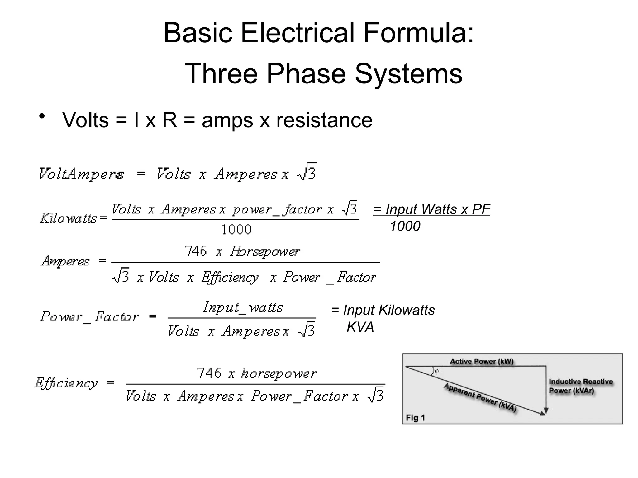 Basic Electrical Formula:
Three Phase Systems
• Volts = I x R = amps x resistance
= Input Kilowatts
KVA
= Input Watts x PF
1000
 
