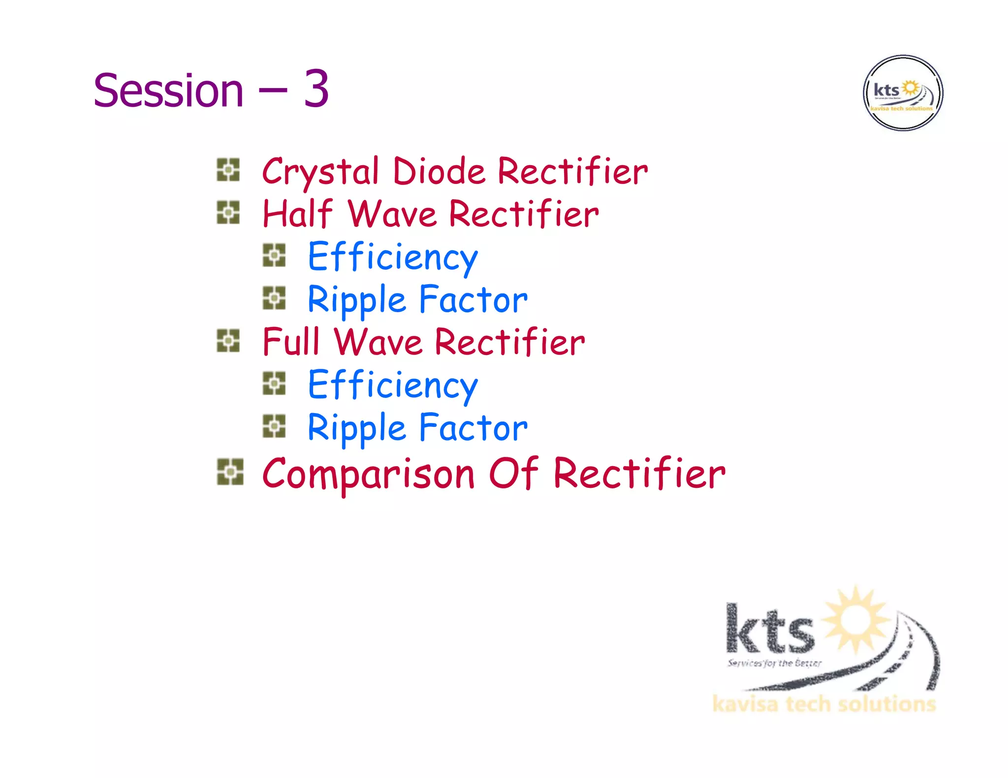 Session – 3
Crystal Diode Rectifier
Half Wave Rectifier
Efficiency
Ripple Factor
Full Wave Rectifier
Efficiency
Ripple Factor
Comparison Of Rectifier
 