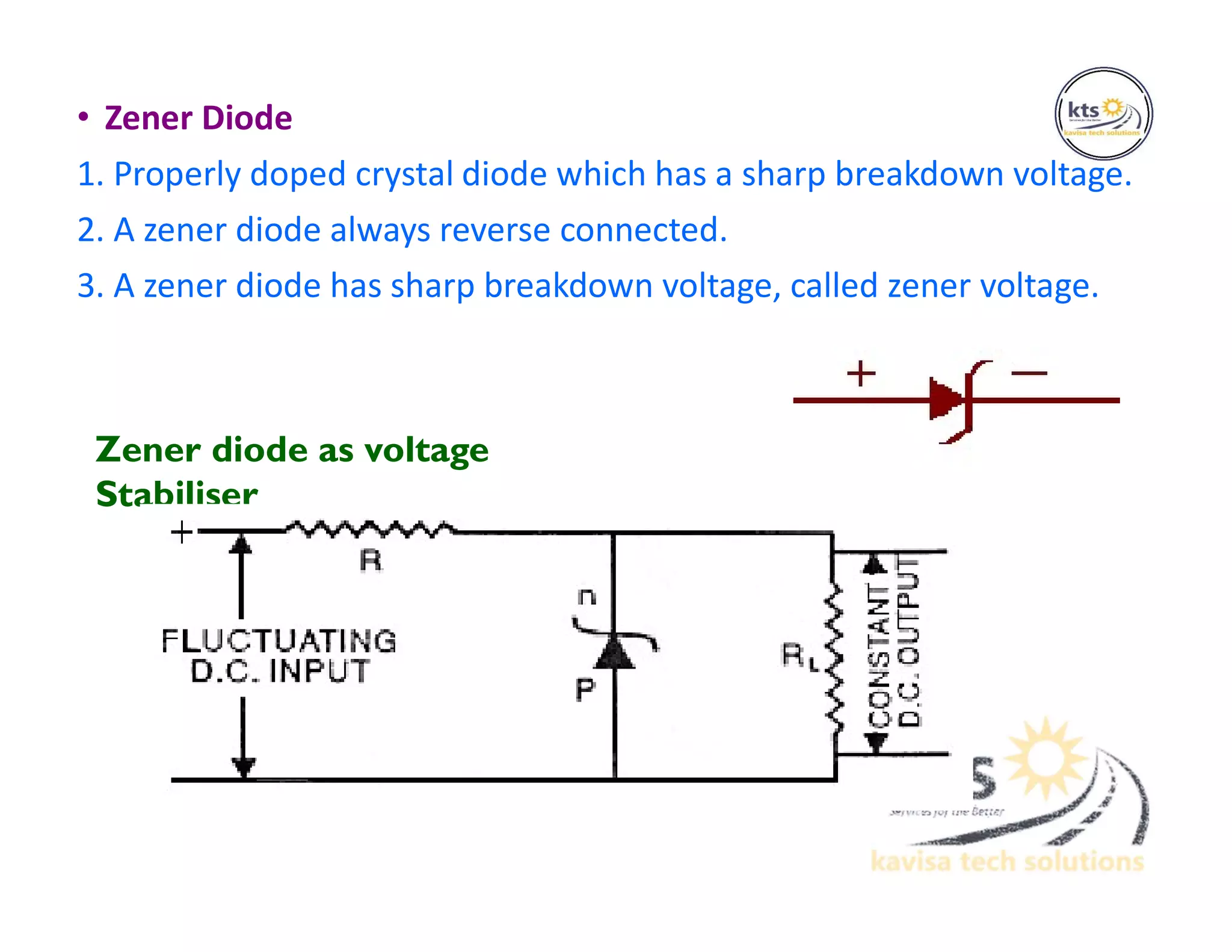 • Zener Diode
1. Properly doped crystal diode which has a sharp breakdown voltage.
2. A zener diode always reverse connected.
3. A zener diode has sharp breakdown voltage, called zener voltage.
Zener diode as voltage
Stabiliser
 