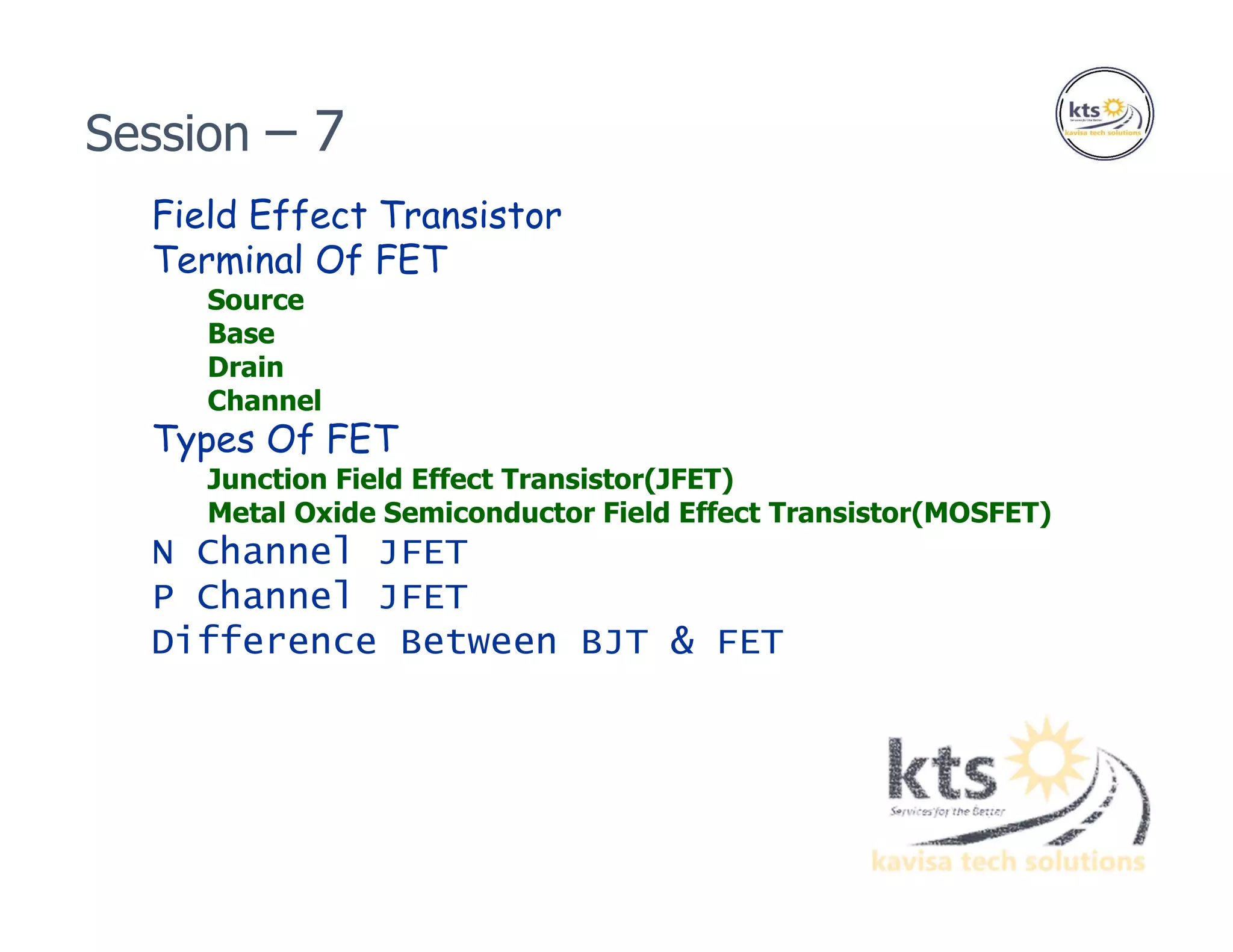 Field Effect Transistor
Terminal Of FET
Source
Base
Drain
Channel
Types Of FET
Junction Field Effect Transistor(JFET)
Metal Oxide Semiconductor Field Effect Transistor(MOSFET)
N Channel JFET
P Channel JFET
Difference Between BJT & FET
Session – 7
 
