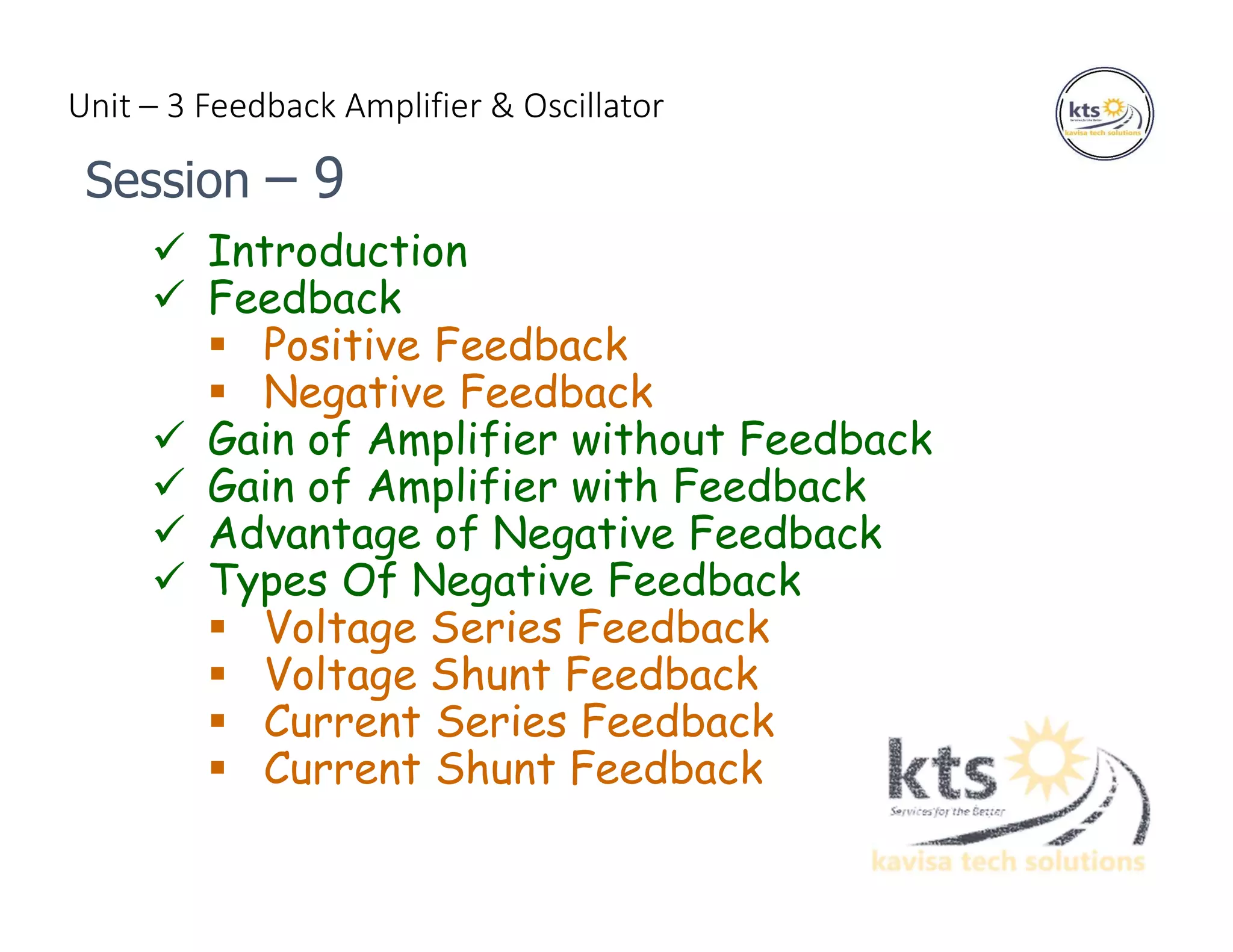 Unit – 3 Feedback Amplifier & Oscillator
 Introduction
 Feedback
 Positive Feedback
 Negative Feedback
 Gain of Amplifier without Feedback
 Gain of Amplifier with Feedback
 Advantage of Negative Feedback
 Types Of Negative Feedback
 Voltage Series Feedback
 Voltage Shunt Feedback
 Current Series Feedback
 Current Shunt Feedback
Session – 9
 