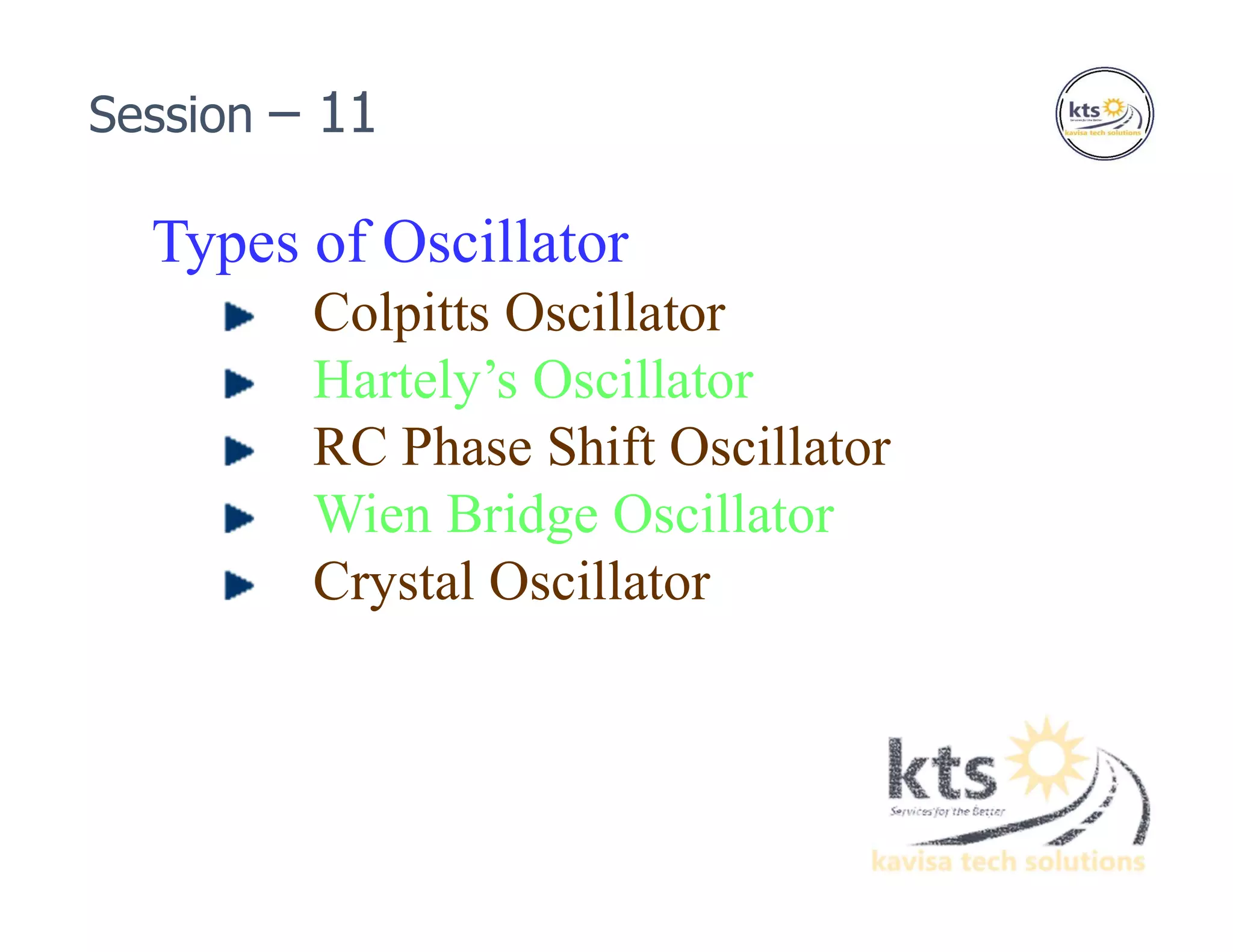 Types of Oscillator
Colpitts Oscillator
Hartely’s Oscillator
RC Phase Shift Oscillator
Wien Bridge Oscillator
Crystal Oscillator
Session – 11
 