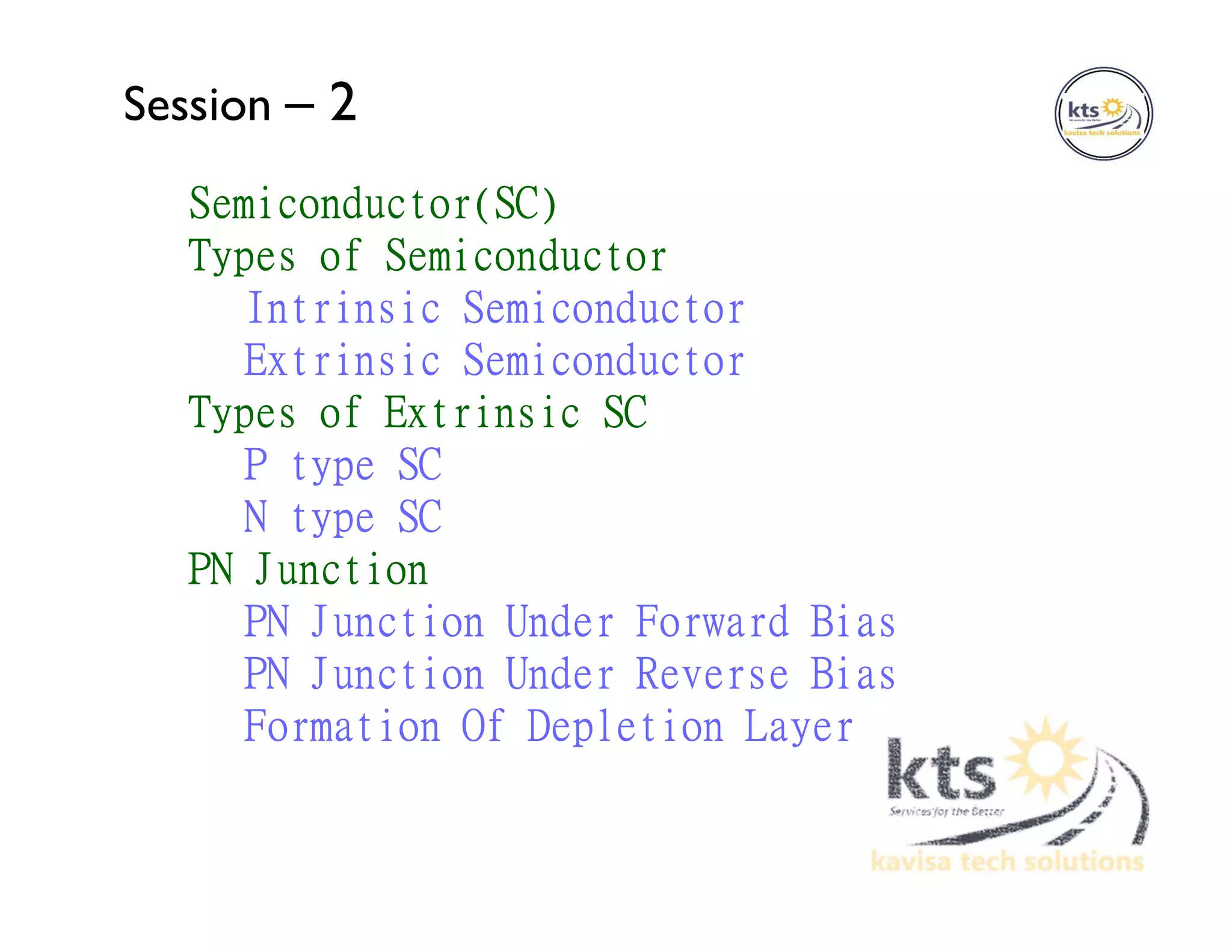 Session – 2
Semiconductor(SC)
Types of Semiconductor
Intrinsic Semiconductor
Extrinsic Semiconductor
Types of Extrinsic SC
P type SC
N type SC
PN Junction
PN Junction Under Forward Bias
PN Junction Under Reverse Bias
Formation Of Depletion Layer
 