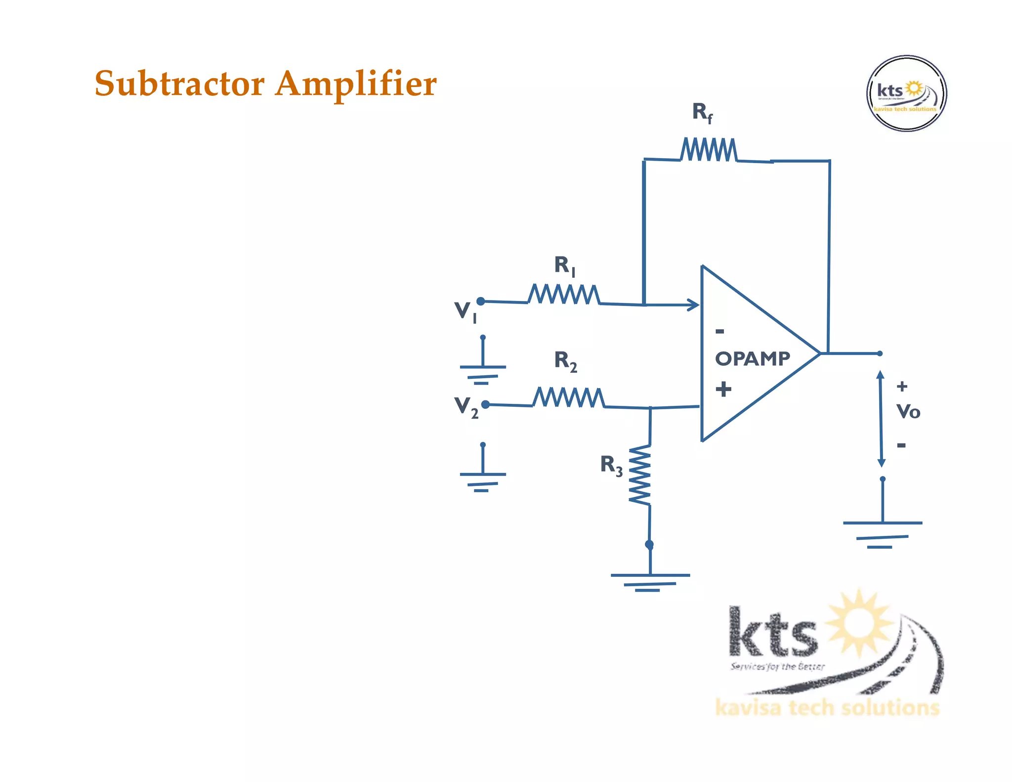 Subtractor Amplifier
-
OPAMP
+ +
Vo
-
Rf
R1
R2
V1
V2
R3
 