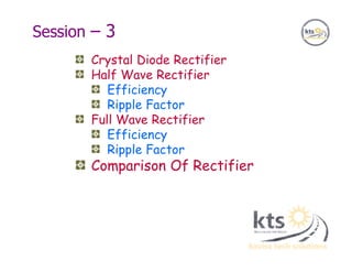 Session – 3
Crystal Diode Rectifier
Half Wave Rectifier
Efficiency
Ripple Factor
Full Wave Rectifier
Efficiency
Ripple Factor
Comparison Of Rectifier
 