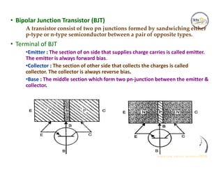 • Bipolar Junction Transistor (BJT)
A transistor consist of two pn junctions formed by sandwiching either
p-type or n-type semiconductor between a pair of opposite types.
• Terminal of BJT
•Emitter : The section of on side that supplies charge carries is called emitter.
The emitter is always forward bias.
•Collector : The section of other side that collects the charges is called
collector. The collector is always reverse bias.
•Base : The middle section which form two pn-junction between the emitter &
collector.
 