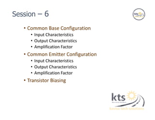 • Common Base Configuration
• Input Characteristics
• Output Characteristics
• Amplification Factor
• Common Emitter Configuration
• Input Characteristics
• Output Characteristics
• Amplification Factor
• Transistor Biasing
Session – 6
 