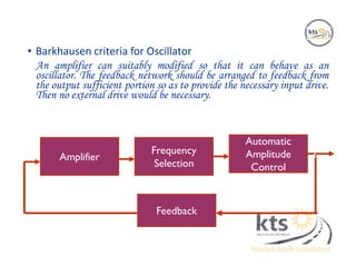 • Barkhausen criteria for Oscillator
An amplifier can suitably modified so that it can behave as an
oscillator. The feedback network should be arranged to feedback from
the output sufficient portion so as to provide the necessary input drive.
Then no external drive would be necessary.
Amplifier
Frequency
Selection
Automatic
Amplitude
Control
Feedback
Outpu
t
 