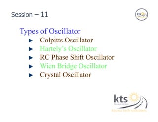 Types of Oscillator
Colpitts Oscillator
Hartely’s Oscillator
RC Phase Shift Oscillator
Wien Bridge Oscillator
Crystal Oscillator
Session – 11
 