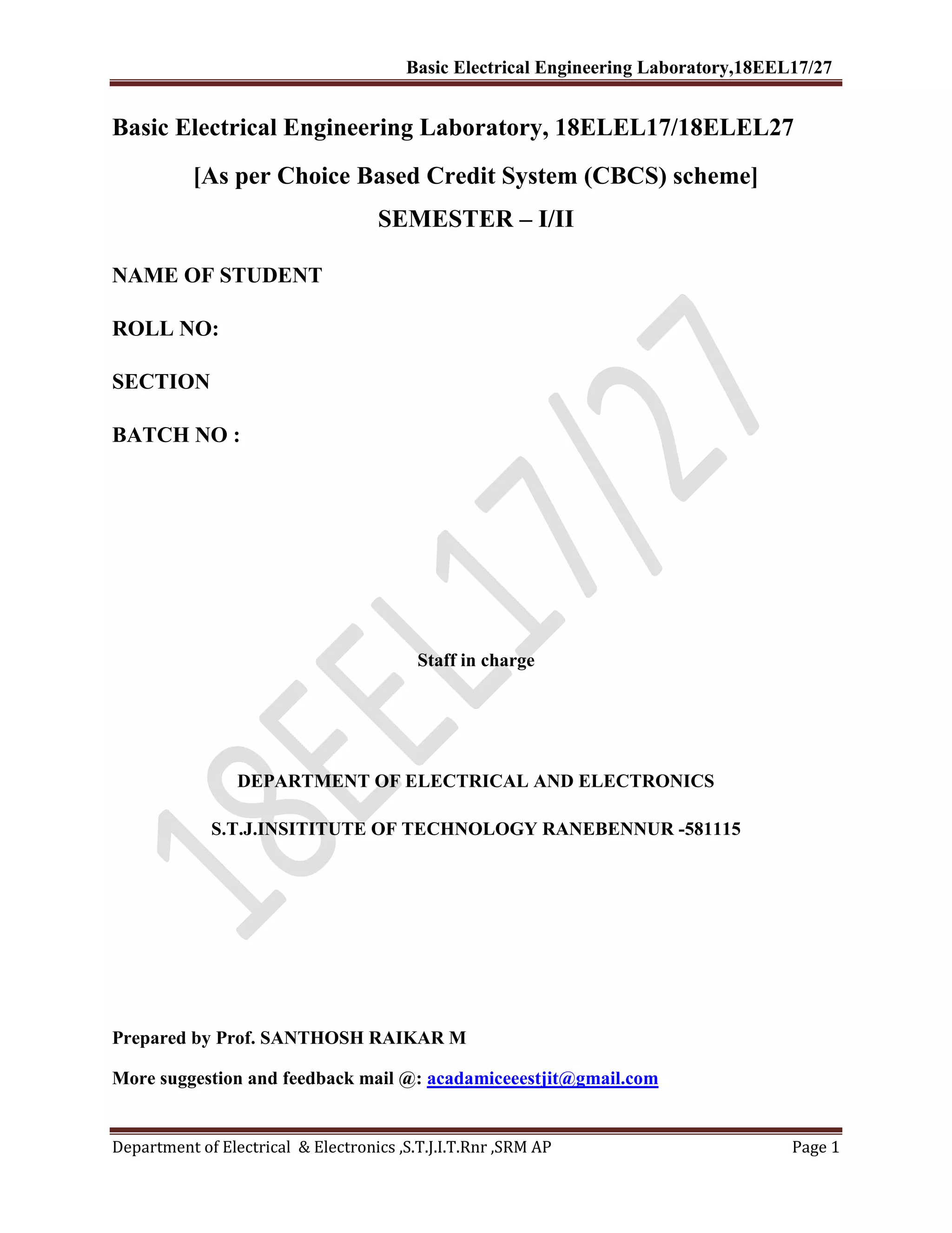 Basic electrical lab manual vtu PDF