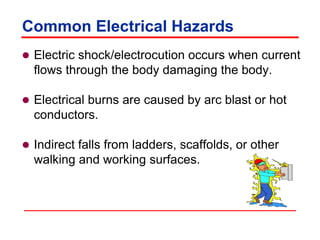 Common Electrical Hazards
 Electric shock/electrocution occurs when current
flows through the body damaging the body.
 Electrical burns are caused by arc blast or hot
conductors.
 Indirect falls from ladders, scaffolds, or other
walking and working surfaces.
 