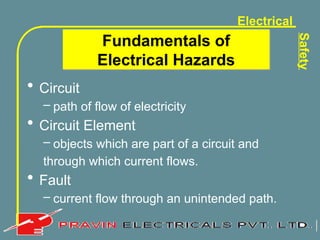 Electrical
Safety
• Circuit
– path of flow of electricity
• Circuit Element
– objects which are part of a circuit and
through which current flows.
• Fault
– current flow through an unintended path.
Fundamentals of
Electrical Hazards
 