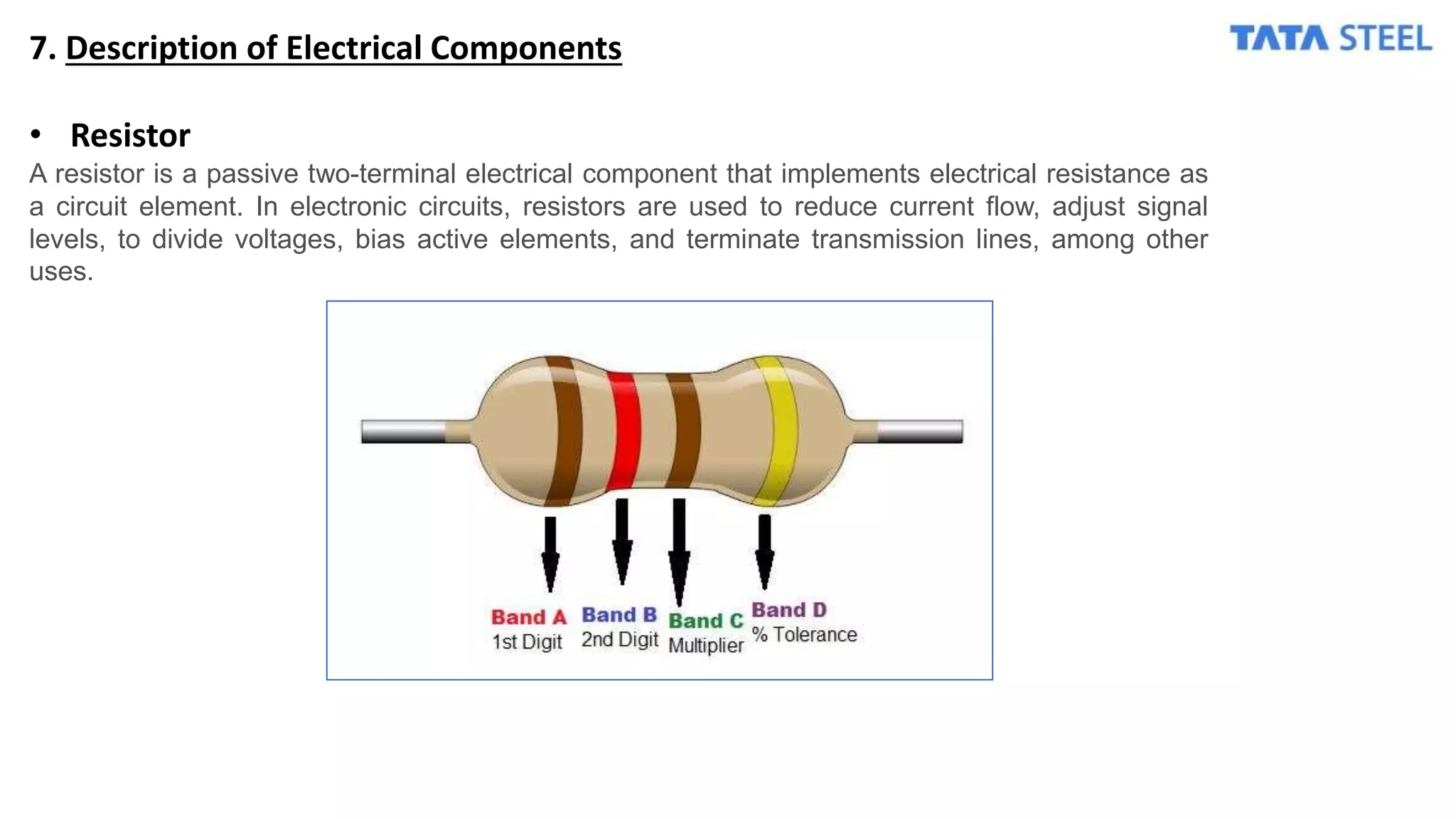 7. Description of Electrical Components
• Resistor
A resistor is a passive two-terminal electrical component that implements electrical resistance as
a circuit element. In electronic circuits, resistors are used to reduce current flow, adjust signal
levels, to divide voltages, bias active elements, and terminate transmission lines, among other
uses.
 