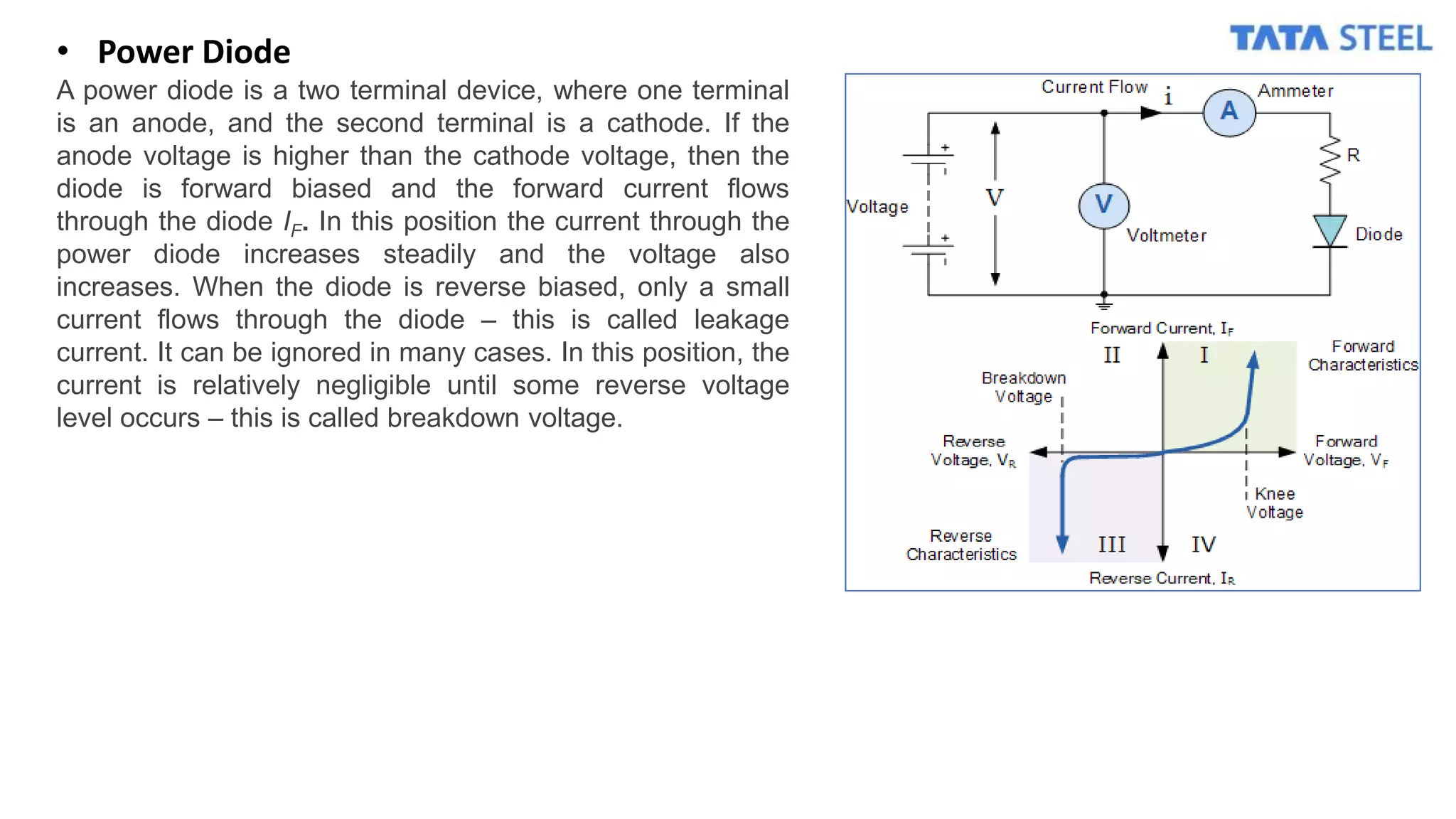 • Power Diode
A power diode is a two terminal device, where one terminal
is an anode, and the second terminal is a cathode. If the
anode voltage is higher than the cathode voltage, then the
diode is forward biased and the forward current flows
through the diode IF. In this position the current through the
power diode increases steadily and the voltage also
increases. When the diode is reverse biased, only a small
current flows through the diode – this is called leakage
current. It can be ignored in many cases. In this position, the
current is relatively negligible until some reverse voltage
level occurs – this is called breakdown voltage.
 