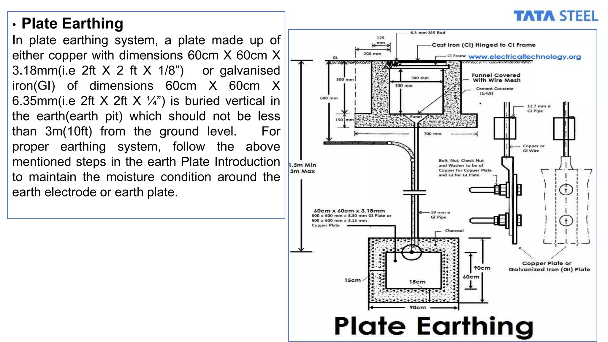 • Plate Earthing
In plate earthing system, a plate made up of
either copper with dimensions 60cm X 60cm X
3.18mm(i.e 2ft X 2 ft X 1/8”) or galvanised
iron(GI) of dimensions 60cm X 60cm X
6.35mm(i.e 2ft X 2ft X ¼”) is buried vertical in
the earth(earth pit) which should not be less
than 3m(10ft) from the ground level. For
proper earthing system, follow the above
mentioned steps in the earth Plate Introduction
to maintain the moisture condition around the
earth electrode or earth plate.
 