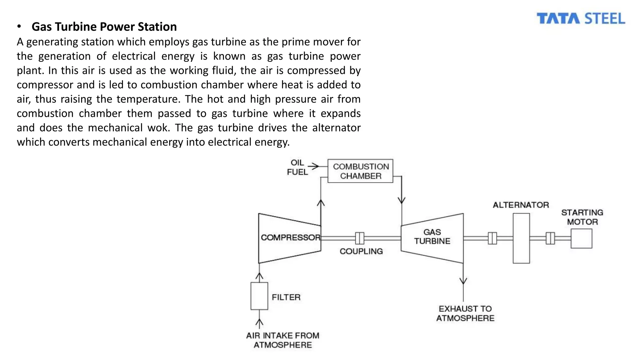 • Gas Turbine Power Station
A generating station which employs gas turbine as the prime mover for
the generation of electrical energy is known as gas turbine power
plant. In this air is used as the working fluid, the air is compressed by
compressor and is led to combustion chamber where heat is added to
air, thus raising the temperature. The hot and high pressure air from
combustion chamber them passed to gas turbine where it expands
and does the mechanical wok. The gas turbine drives the alternator
which converts mechanical energy into electrical energy.
 