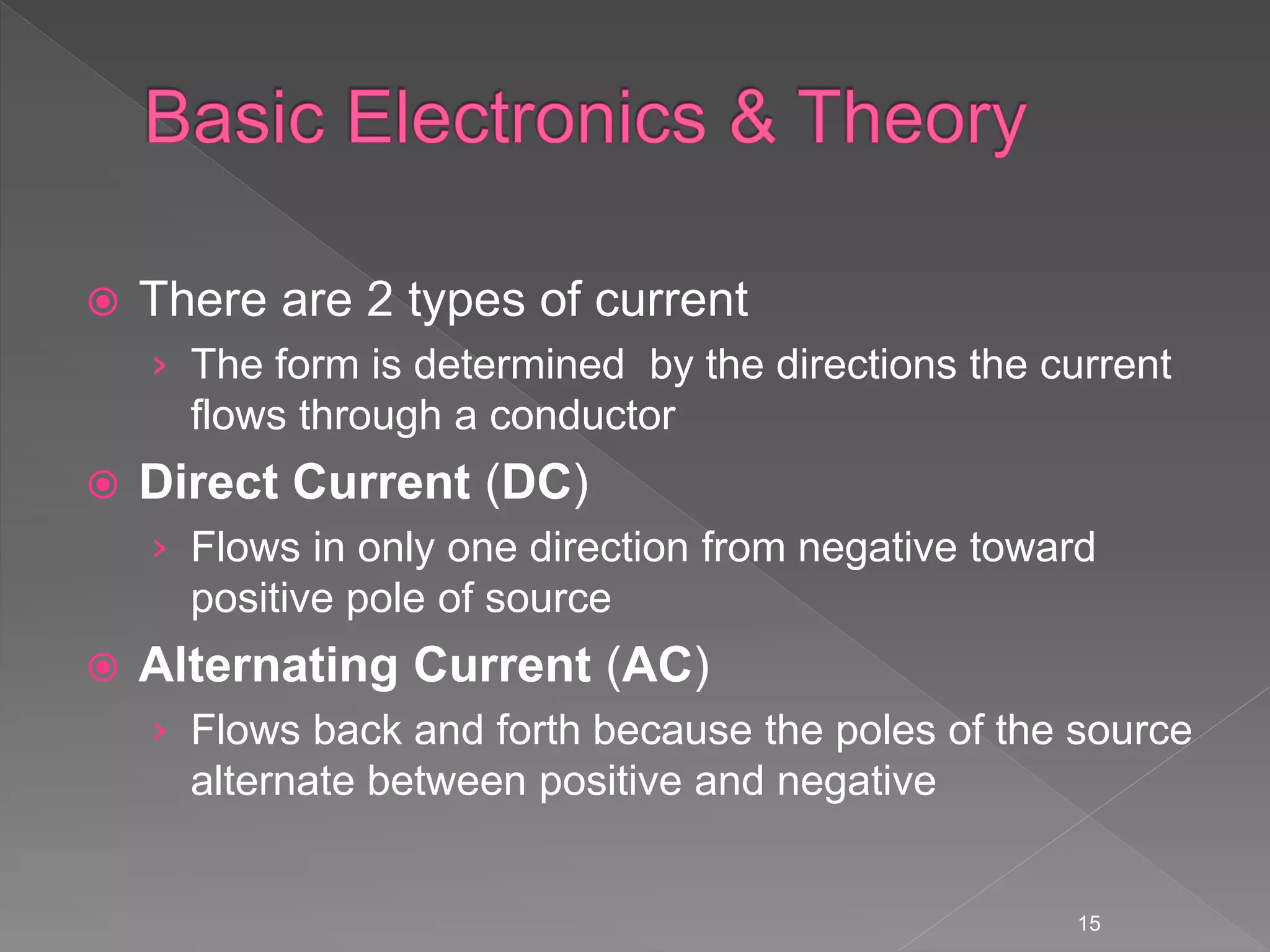  There are 2 types of current
› The form is determined by the directions the current
flows through a conductor
 Direct Current (DC)
› Flows in only one direction from negative toward
positive pole of source
 Alternating Current (AC)
› Flows back and forth because the poles of the source
alternate between positive and negative
15
 