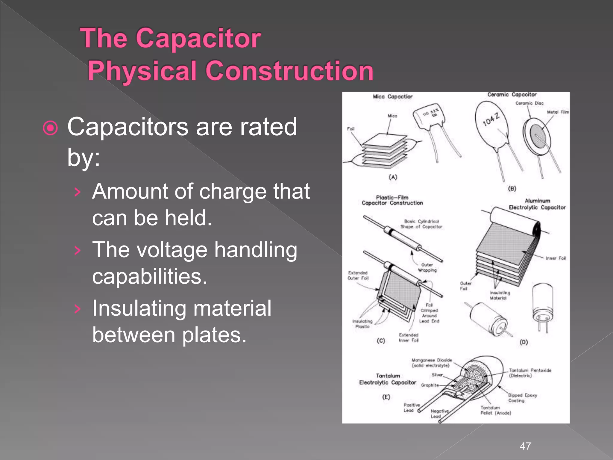  Capacitors are rated
by:
› Amount of charge that
can be held.
› The voltage handling
capabilities.
› Insulating material
between plates.
47
 