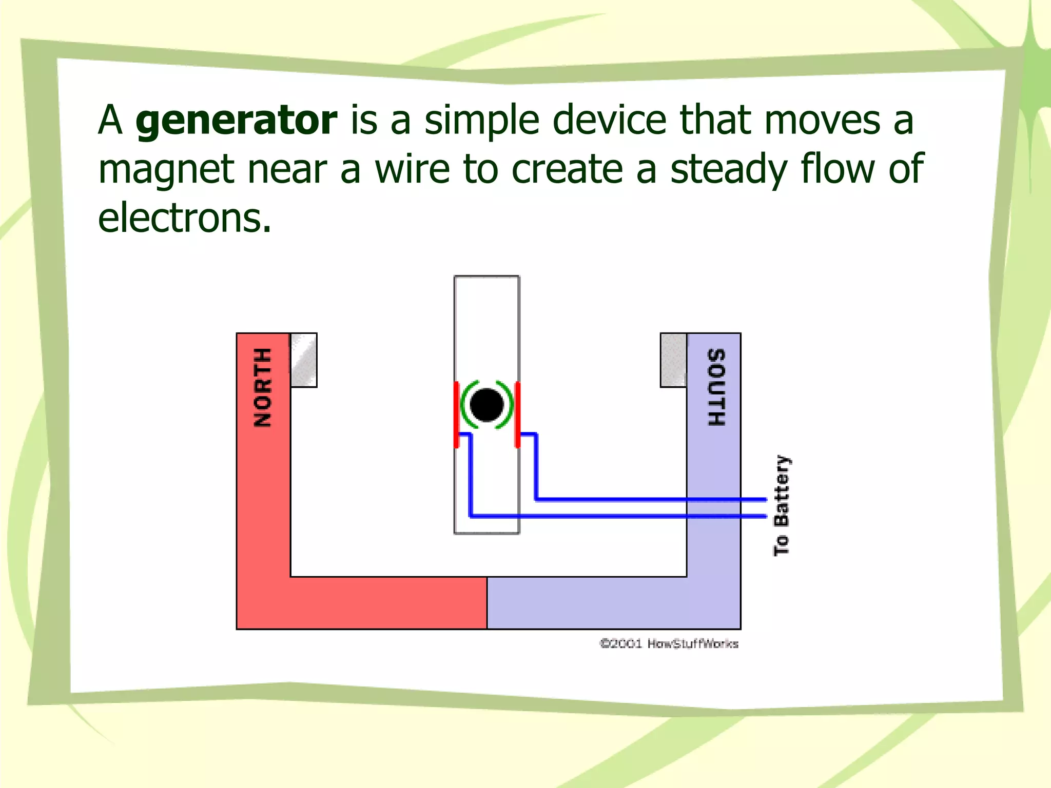 A  generator  is a simple device that moves a magnet near a wire to create a steady flow of electrons.  