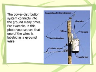 The power-distribution system connects into the ground many times. For example, in this photo you can see that one of the wires is labeled as a  ground wire :  