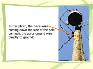 In this photo, the  bare wire  coming down the side of the pole connects the aerial ground wire directly to ground:  