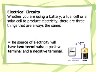 Electrical Circuits Whether you are using a battery, a fuel cell or a solar cell to produce electricity, there are three things that are always the same:  The source of electricity will have  two terminals : a positive terminal and a negative terminal. 
