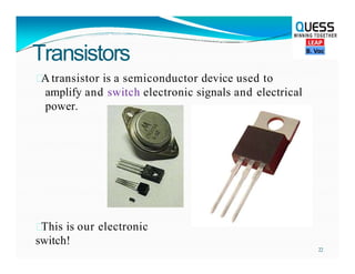 Transistors

A transistor is a semiconductor device used to
amplify and switch electronic signals and electrical
power.

This is our electronic
switch!
22
 
