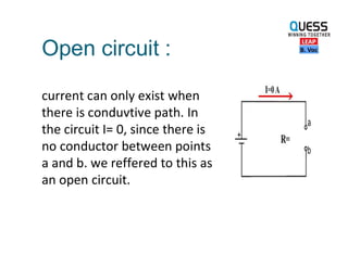 Open circuit :
current can only exist when
there is conduvtive path. In
the circuit I= 0, since there is
no conductor between points
a and b. we reffered to this as
an open circuit.
 