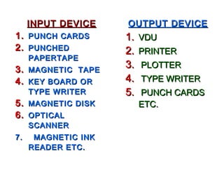 INPUT DEVICE    OUTPUT DEVICE
1. PUNCH CARDS       1.   VDU
2. PUNCHED           2.   PRINTER
     PAPERTAPE
3. MAGNETIC TAPE     3.   PLOTTER
4. KEY BOARD OR      4.   TYPE WRITER
     TYPE WRITER     5.   PUNCH CARDS
5. MAGNETIC DISK          ETC.
6. OPTICAL
     SCANNER
7.    MAGNETIC INK
     READER ETC.
 