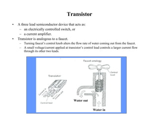 Transistor 
• A three lead semiconductor device that acts as: 
– an electrically controlled switch, or 
– a current amplifier. 
• Transistor is analogous to a faucet. 
– Turning faucet’s control knob alters the flow rate of water coming out from the faucet. 
– A small voltage/current applied at transistor’s control lead controls a larger current flow 
through its other two leads. 
Water in 
Water out 
 