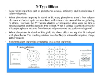 N-Type Silicon 
• Pentavalent impurities such as phosphorus, arsenic, antimony, and bismuth have 5 
valence electrons. 
• When phosphorus impurity is added to Si, every phosphorus atom’s four valence 
electrons are locked up in covalent bond with valence electrons of four neighboring 
Si atoms. However, the 5th valence electron of phosphorus atom does not find a 
binding electron and thus remains free to float. When a voltage is applied across the 
silicon-phosphorus mixture, free electrons migrate toward the positive voltage end. 
• When phosphorus is added to Si to yield the above effect, we say that Si is doped 
with phosphorus. The resulting mixture is called N-type silicon (N: negative charge 
carrier silicon). 
• The pentavalent impurities are referred to as donor impurities. 
5 valence electrons 
 
