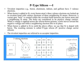 P-Type Silicon —I 
• Trivalent impurities e.g., boron, aluminum, indium, and gallium have 3 valence 
electrons. 
• When boron is added to Si, every boron atom’s three valence electrons are locked up 
in covalent bond with valence electrons of three neighboring Si atoms. However, a 
vacant spot “hole” is created within the covalent bond between one boron atom and 
a neighboring Si atom. The holes are considered to be positive charge carriers. 
When a voltage is applied across the silicon-boron mixture, a hole moves toward the 
negative voltage end while a neighboring electron fills in its place. 
• When boron is added to Si to yield the above effect, we say that Si is doped with 
boron. The resulting mixture is called P-type silicon (P: positive charge carrier 
silicon). 
• The trivalent impurities are referred to as acceptor impurities. 
3 valence electrons 
 
