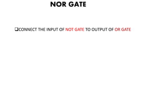 NOR GATE
CONNECT THE INPUT OF NOT GATE TO OUTPUT OF OR GATE
 